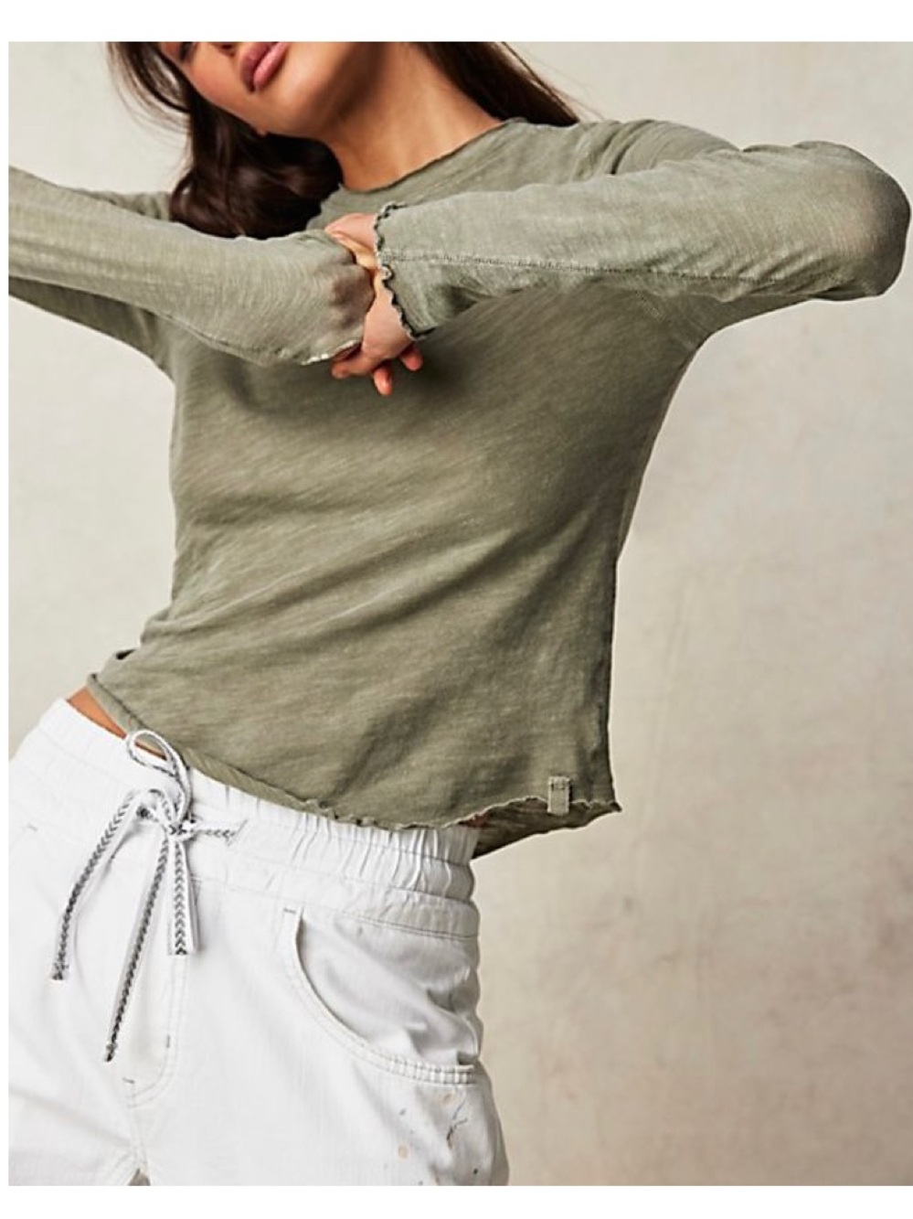 Free People We The Free Be My Baby Long Sleeve Lightweight Lettuce Trim Tee